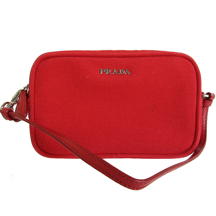 楽天市場】プラダ PRADA ポーチ キャンバス/レザー レッド シルバー  