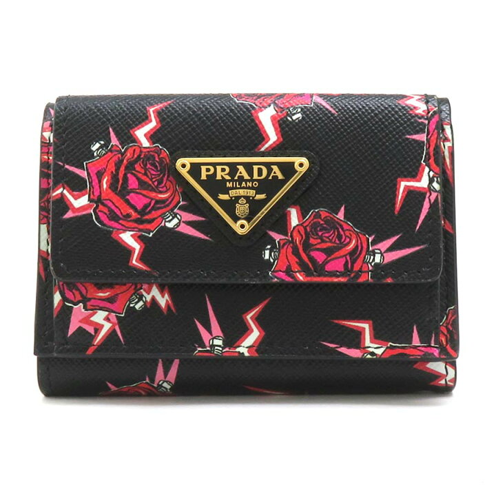 楽天市場】プラダ PRADA 三つ折り財布 レザー ブラック×レッド  