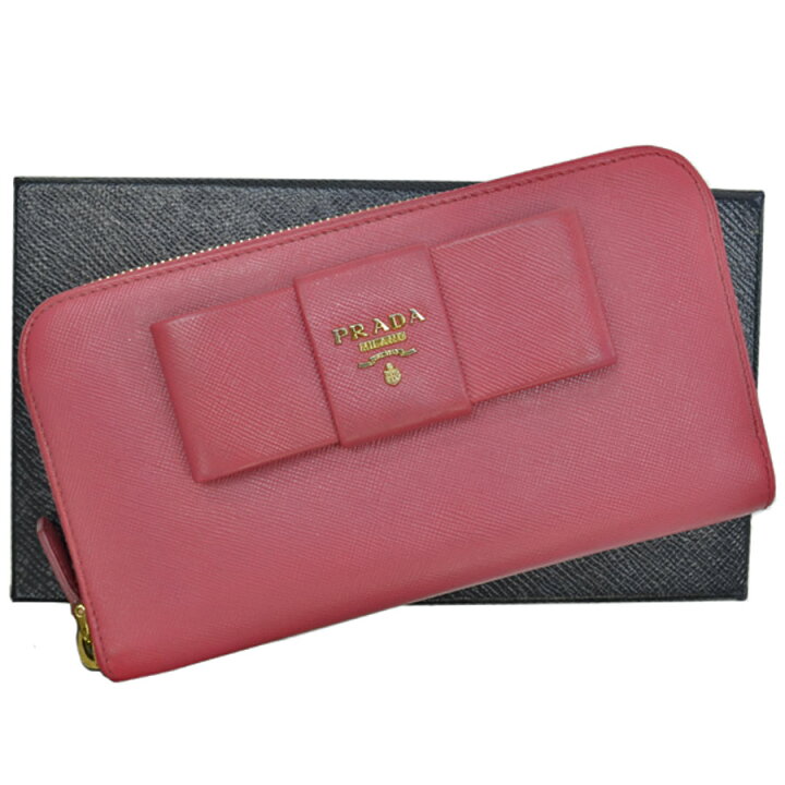 楽天市場】プラダ PRADA 長財布 レッド系ピンクxゴールド レザーx 