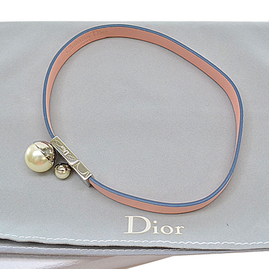 クリスチャンディオール Christian Dior チョーカー（M） ピンクｘネイビーｘシルバーｘパープルホワイト レザーｘ金属素材ｘフェイクパール  ネックレス レディース 【中古】【定番人気】 - r9163f | ブランドバリュー