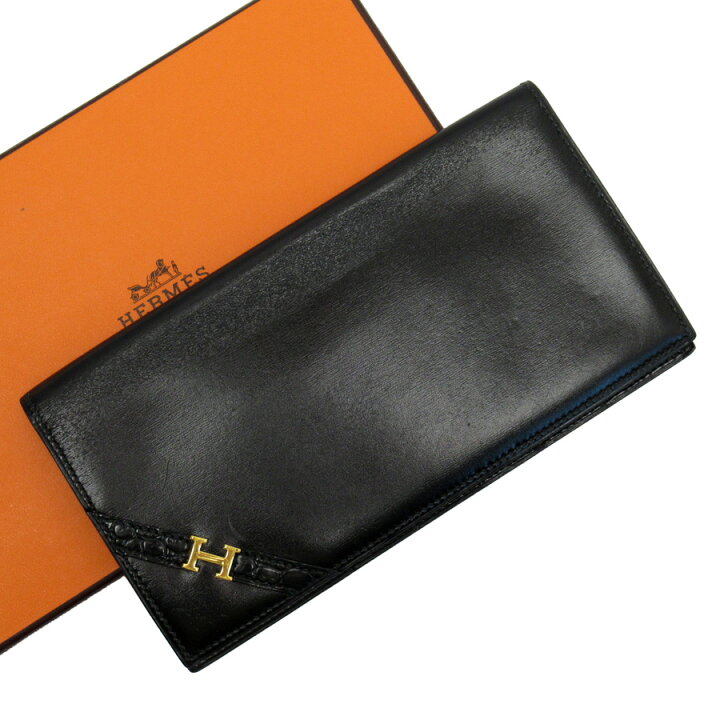 楽天市場】エルメス HERMES 二つ折り長札入れ ブラックxゴールド 推定  