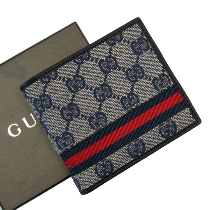 楽天市場】グッチ GUCCI 二つ折り財布 GG ネイビー系xグレーxブラックx  