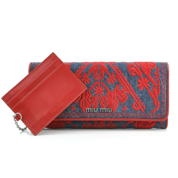 楽天市場】ミュウミュウ 二つ折り長財布 レッドxネイビーxシルバー  