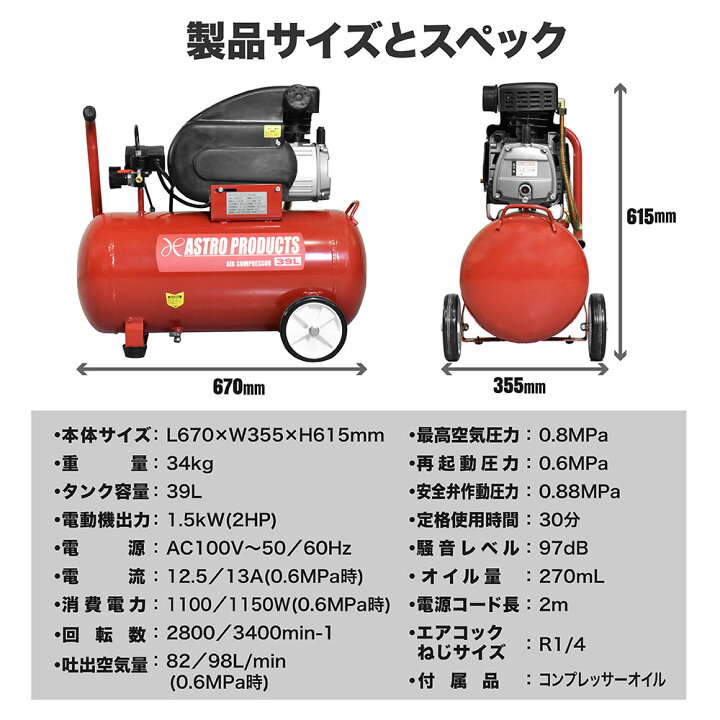 楽天市場】エアコンプレッサー 39L AC777 | コンプレッサー AC100V 