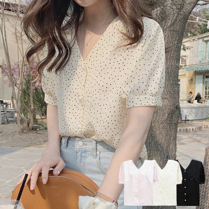 楽天市場 メール便送料無料 ブラウス レディース 半袖 ボリューム袖 ブラウス レディース オフィス 半袖 ｖネック 半袖 ブラウス レディース おしゃれ ブラウス レディース ドット 水玉 韓国 夏 春 オフィス カジュアル オンオフ使える かわいいブラウス 白 ホワイト