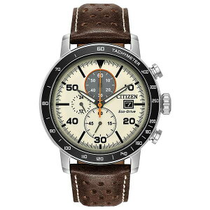 V`Y fB[X rv ANZT[ Eco-Drive Men's Chronograph Brown Leather Strap Watch 44mm Brown