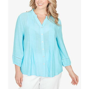 ���r�[���[�h ���f�B�[�X �J�b�g�\�[ �g�b�v�X Plus Size Solid Silky Slub Pleated Button Front Top Aruba Blue