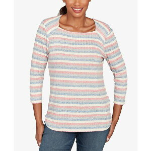 ���r�[���[�h ���f�B�[�X �J�b�g�\�[ �g�b�v�X Petite Marled Stripe Envelope Neck Rib Knit Top Bright Coral Multi