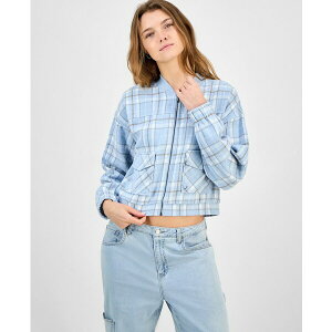 }bfK[ fB[X WPbgu] AE^[ Juniors' Plaid-Print Bomber Jacket Baby Blue Combo