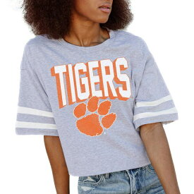 ゲームデイ レディース Tシャツ トップス Clemson Tigers Gameday Couture Women's No Shortcuts Drop Shoulder Sleeve Stripe Cropped TShirt Gray