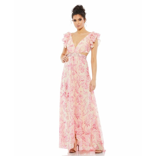 マックダガル レディース ワンピース トップス Women's Ieena Floral Printed Ruffle Shoulder Lace Up Gown Pink multi：asty