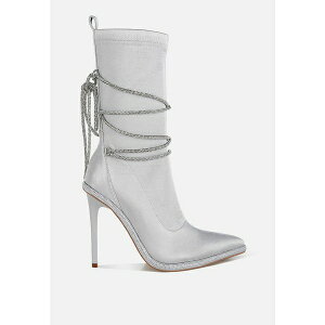 �������h�����O ���f�B�[�X �u�[�c �V���[�Y Dacia Rhinestones Strap Satin Calf Boots Silver