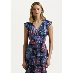 �����t���[���� ���f�B�[�X �����s�[�X �g�b�v�X Print Ruffle Trim Crinkle Georgette Gown - Occasion wear - blue multi