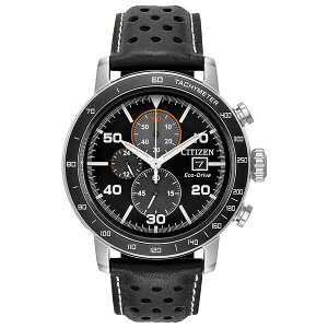 V`Y fB[X rv ANZT[ Eco-Drive Men's Chronograph Black Leather Strap Watch 44mm Black
