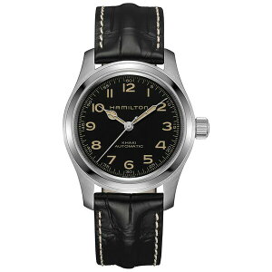 n~g fB[X rv ANZT[ Mens Swiss Automatic Khaki Field Murph Black Leather Strap Watch 42mm Black