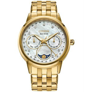 V`Y fB[X uXbgEoOEANbg ANZT[ Eco-Drive Women's Calendrier Diamond-Accent Gold-Tone Stainless Steel Bracelet Watch 37mm Silver-tone