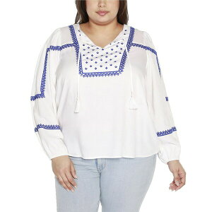 �x���f�B�[�j ���f�B�[�X �J�b�g�\�[ �g�b�v�X Black Label Plus Size Embroidered Blouson Tie Neck Top White