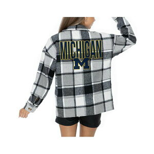 Q[fC fB[X WPbgu] AE^[ Women's Grey Michigan Wolverines Long Sleeve Brushed Plaid Button-Up Overshirt Jacket Gray
