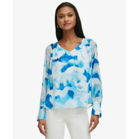 カルバンクライン レディース カットソー トップス Women's Long Sleeve Printed V-Neck Blouse Cerulean/White