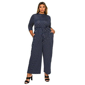 uh fB[X s[X gbvX Plus Size Lunette Dot Wide Leg Jumpsuit Navy white