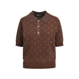 �G�b�Z���V�����A���g���[�v ���f�B�[�X �|���V���c �g�b�v�X Polka-dot rhinestone-button polo top Brown