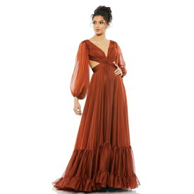 マックダガル レディース ワンピース トップス Women's Pleated Cut Out Long Sleeve Lace Up Tiered Gown Copper