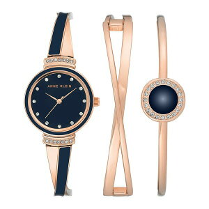 ANC fB[X rv ANZT[ Women's Rose Gold-Tone Alloy Bangle with Navy Enamel and Crystal Accents Fashion Watch 33mm Set 3 Pieces Rose Gold-Tone, Navy