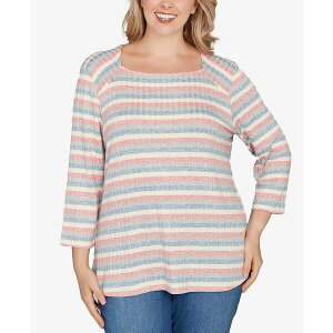���r�[���[�h ���f�B�[�X �J�b�g�\�[ �g�b�v�X Plus Size Marled Stripe Envelope Neck Rib Knit Top Bright Coral Multi
