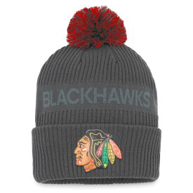 ファナティクス メンズ 帽子 アクセサリー Chicago Blackhawks Fanatics Authentic Pro Home Ice Cuffed Knit Hat with Pom Charcoal