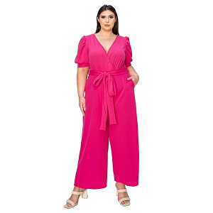 uh fB[X s[X gbvX Plus Size Iris Surplice Belted Pocket Jumpsuit Neon pink