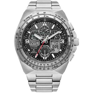 V`Y fB[X uXbgEoOEANbg ANZT[ Eco-Drive Men's Chronograph Promaster Skyhawk Stainless Steel Bracelet Watch 46mm Silver-tone