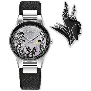 V`Y fB[X rv ANZT[ Eco-Drive Women's Disney Villains Maleficent's Charm Black Leather Strap Watch 30mm Boxed Set Black