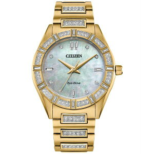 V`Y fB[X uXbgEoOEANbg ANZT[ Eco-Drive Women's Crystal Gold-Tone Stainless Steel Bracelet Watch 34mm Silver-tone