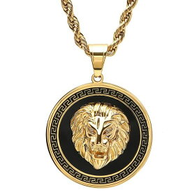 スティールタイム レディース ネックレス・チョーカー・ペンダントトップ アクセサリー Men's Two-Tone Stainless Steel Simulated Diamond Lion Head On Greek Key Mount 24" Pendant Necklace Black, Gold