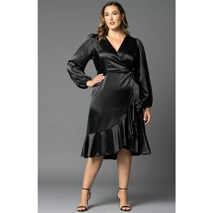 �L���i ���f�B�[�X �����s�[�X �g�b�v�X Women's Plus Size Serena Satin Long Sleeve Wrap Dress Onyx