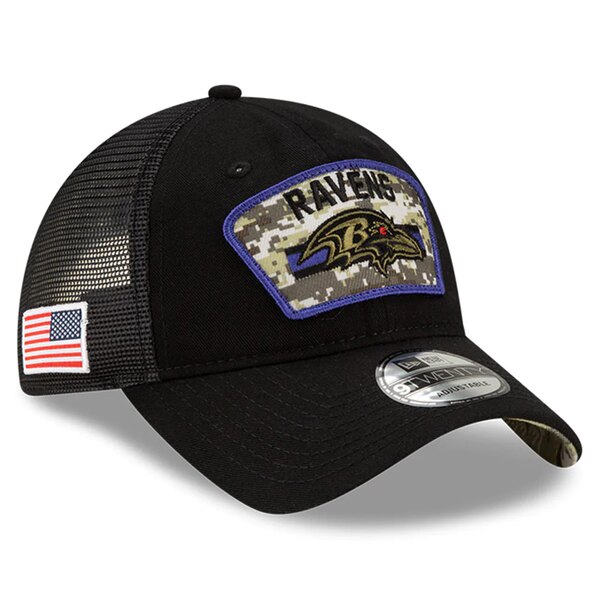 ニューエラ メンズ 帽子 アクセサリー Baltimore Ravens New Era 2021 Salute To Service Trucker  9TWENTY Adjustable Hat Black | asty