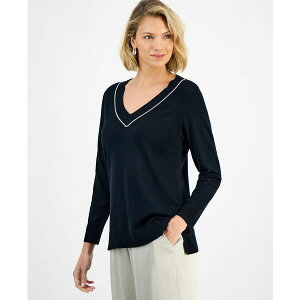 �W�F�C�G���R���N�V���� ���f�B�[�X �j�b�g&�Z�[�^�[ �A�E�^�[ Petite Embellished Tunic Sweater, Macy's Exclusive Deep Black