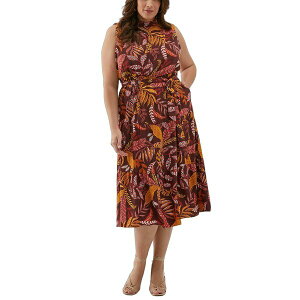 G t@G fB[X s[X gbvX Plus Size Leaf Print Belted Sleeveless Dress Decadent Chocolate