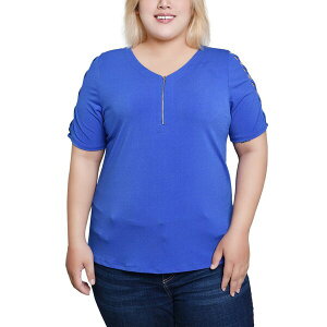 �j���[���[�N�R���N�V���� ���f�B�[�X �J�b�g�\�[ �g�b�v�X Plus Size Short Sleeve Quarter Zip Top Dazzling Blue