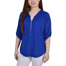 ニューヨークコレクション レディース カットソー トップス Petite 3/4 Roll Tab Zip Front Jacquard Knit Top Royal Sakadotduo
