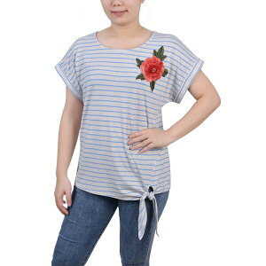 �j���[���[�N�R���N�V���� ���f�B�[�X �J�b�g�\�[ �g�b�v�X Women's Short Sleeve Embroidered Tie Front Top Oatmeal Blue Stripe