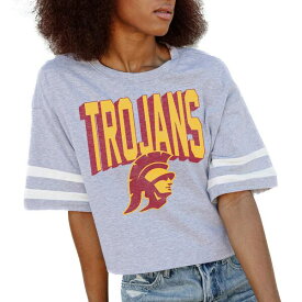 ゲームデイ レディース Tシャツ トップス USC Trojans Gameday Couture Women's No Shortcuts Drop Shoulder Sleeve Stripe Cropped TShirt Gray