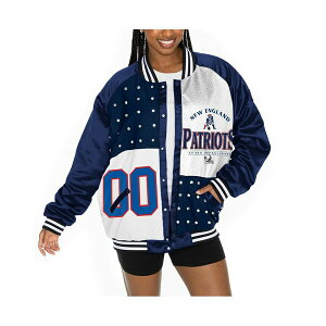Q[fC fB[X WPbgu] AE^[ Women's Navy/White New England Patriots Oversized Hot Shot Rhinestone Throwback Full-Snap Varsity Bomber Jacket Navy, White
