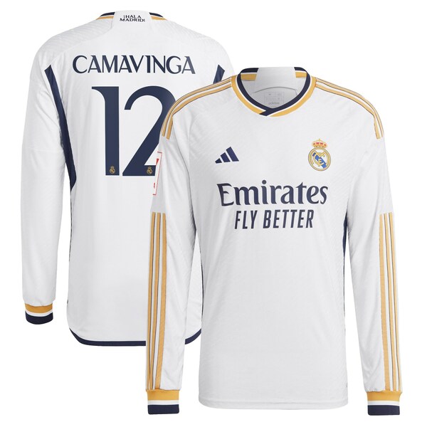 アディダス メンズ ユニフォーム トップス Eduardo Camavinga Real Madrid adidas Home 2023 24 Authentic Long Sleeve Jersey White