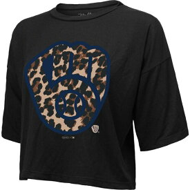 マジェスティックスレッズ レディース Tシャツ トップス Milwaukee Brewers Majestic Threads Women's Leopard Cropped TShirt Black