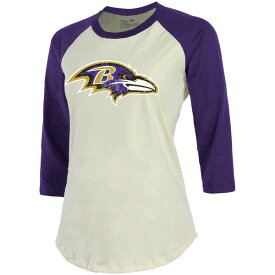 マジェスティックスレッズ レディース Tシャツ トップス Lamar Jackson Baltimore Ravens Majestic Threads Women's Player Raglan Name & Number Fitted 3/4Sleeve TShirt Cream/Purple