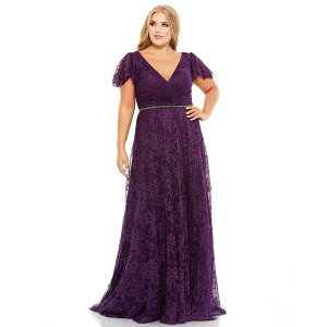 �}�b�N�_�K�� ���f�B�[�X �����s�[�X �g�b�v�X Women's Plus Size Embellished Flutter Sleeve Evening Gown Aubergine