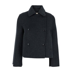 �Z�~�N�`���[�� ���f�B�[�X �W���P�b�g���u���]�� �A�E�^�[ Grey Cropped Double-breasted Jacket With Bell Sleeves And Notched Collar In Wool Woman Grey