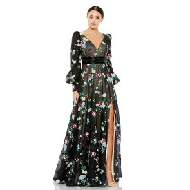 マックダガル レディース ワンピース トップス Women's Embroidered Bishop Sleeve V Neck Flowy Gown Black multi