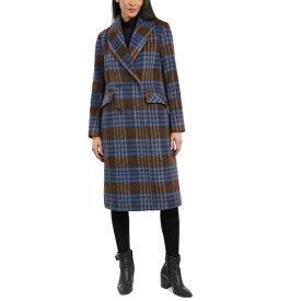 BCBジェネレーション レディース ジャケット＆ブルゾン アウター Women's Double-Breasted Notch-Collar Plaid Coat Blue Brown Plaid